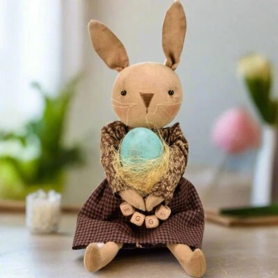 Primitive Spring Easter Bunny Girl Doll w/Egg 13" - Image 1 of 4