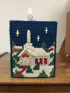 Vtg Plastic Canvas Craft Christmas Church Horse Sleigh Square Tissue Box Cover 