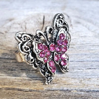Anillo de Cóctel Brillante Vintage Magenta Rosa Cristal Mariposa Plata Y2K Años 90 Foto 1 de 4