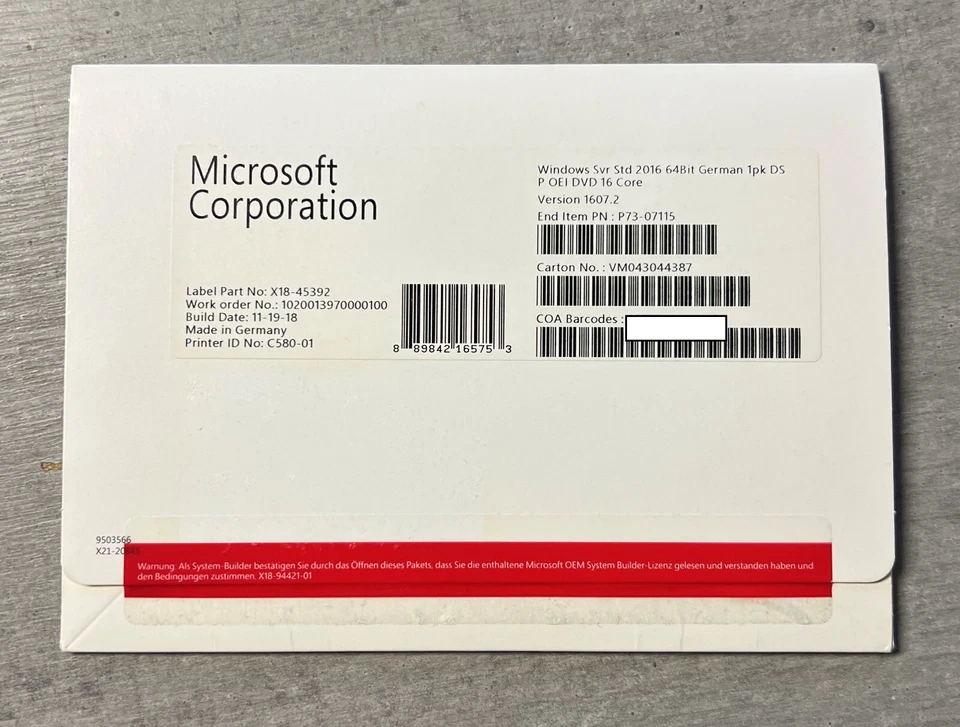 MS Windows Server 2016 Standard OEM/SB Vollversion (16 Core) deutsch - Bild 1 von 1