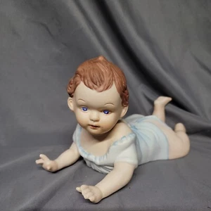 Vintage Bisque Porcelain Piano Baby Boy Girl Blue Gown 10"L X 5.5"H Brown Hair - Picture 1 of 10