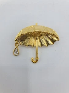 Danecraft Gold-Tone Umbrella Brooch with Rhinestone Teardrop Dangling Charm Vtg - Picture 1 of 9
