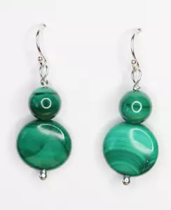 Malachite 14mm Coin Natural Green Gemstone Earrings .925 Sterling Silver 1 1/2" - Picture 1 of 5