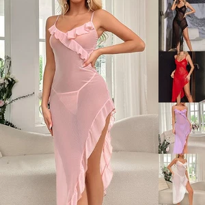 Sexy Damen Lange Nachtkleid Pyjama Nachtwäsche Trägerkleid Dessous Transparent - Bild 1 von 24