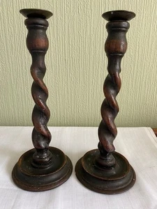 Victorian Antique Wooden Candlestick Pair Twist Stem Over 12" Tall - Picture 1 of 12