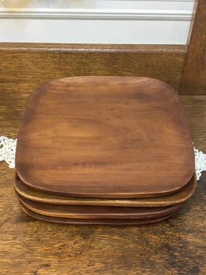 Rare Vtg  Danish Modern Teak Wood 10” Square Dinner Plates  Set of 4 - Image 1 of 3