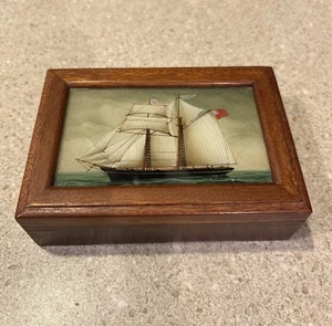 Reverse Painting Glass Tall Ship Sail Boat Trinket Wood Box Jewelry 5” X 3 1/2” - Picture 1 of 6