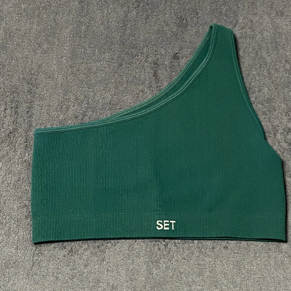 套装活动运动文胸女式 M 绿色雕塑弹性罗纹单肩锻炼健身房 — 第 1/4 张图片