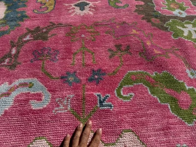 9x12 PINK RUG COLORFUL ORIENTAL OUSHAK new handmade hand-woven green turkish ft - Image 1 of 4