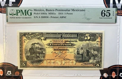 Mexico 5 Pesos 1914, PMG 65 EPQ Banco Peninsular Mexicano Pick# S465a🔥📈 - Image 1 of 2