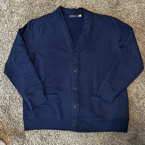 Polo Ralph Lauren Blue Heavyweight V-Neck Navy Blue Cardigan w/Elbow Patch XLT - Picture 1 of 6
