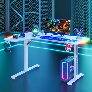 Ufurniture 140cm L Shaped Gaming Desk RGB LED Computer Studio Table Carbon Fiber - Picture 1 of 13