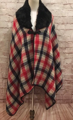 Pashmina Rojo Negro Capa a Cuadros Imitación Piel Cuello Palanca Foto 1 de 4