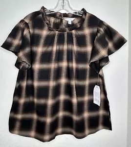 Time and Tru Puff Sleeve Popover Top Large Brown Plaid Lightweight Ruffle Boxy - Picture 1 of 10