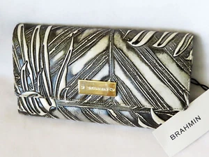 BRAHMIN Retired SILVER LORETO 3D EMBOSSED LEAVES White/Black CHECKBOOK WALLET - Picture 1 of 3