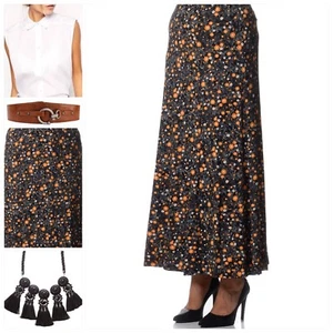 EVANS Womens Long Floral Summer Maxi Skirt Black/Org Stretch NEW Plus Size 18-30 - Picture 1 of 9