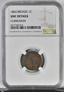 1864 BN 1C Indian Cent Coin NGC UNC Details CORROSION Bronze Nice 2076 - Picture 1 of 2