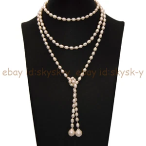 Long 50'' Natural 7-8mm White Rice Pearl Scarf Baroque Pearl Pendant Necklace AA - Picture 1 of 4