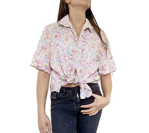 Vintage Short Tie Floral Blouse L XL Flower Pattern Top Hippie Crop Colourful - Picture 1 of 13
