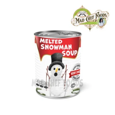 MAD CHEF FOODS FUNNY CHRISTMAS Melted Snowman Soup #300 Can Label White Elephant Gag Santa 4x9