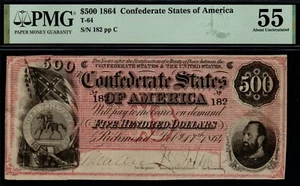 1864 $500 Confederate States of America DEEP RED COLOR/LOW Serial # - PMG AU 55! - Picture 1 of 2