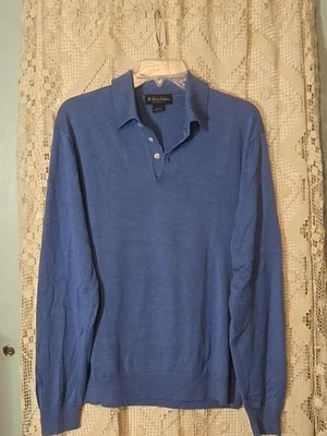 Pullover informal Brooks Bros tejido de seda y algodón manga larga azul cuello talla L Foto 1 de 3