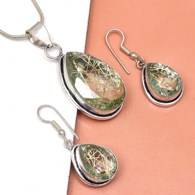 Conjunto de pendientes de oro rutilo joyería 18-20"" colgante cuarzo esterlina Foto 1 de 4