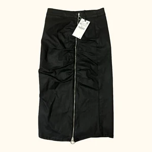 Zara Women’s Ruched Full Zip Pencil Skirt Black Faux Leather Size XS NWT - Picture 1 of 7