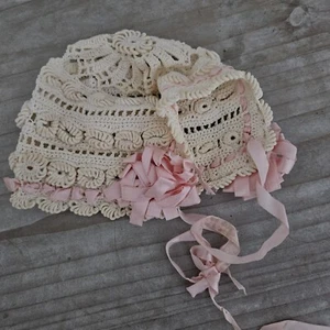 Antique Crochet Newborn Bonnet White Pink Satin ๐ ๐ Handmade Old Hat - Picture 1 of 12