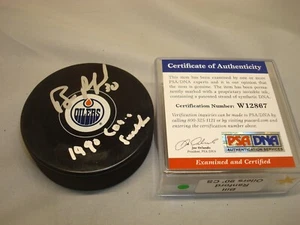 Disco de hockey firmado por Bill Ranford Edmonton Oilers 1990 Conn Smythe certificado de autenticidad PSA/ADN 1B - Imagen 1 de 3