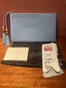 Gucci 449652 Mineral Blue Dollar Calf Leather Bamboo Tassel Zip Top Clutch Pouch - Bild 1 von 12