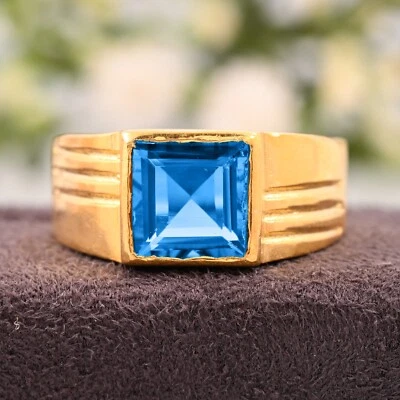 Anel masculino de ouro amarelo 14K AAA presente pedra preciosa facetada topázio azul natural - Imagem 1 de 3