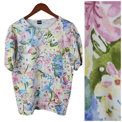 Vintage 90s T-Shirt Size Medium Floral All Over Print top Pearl Yellow Pink Blue - Image 1 of 4