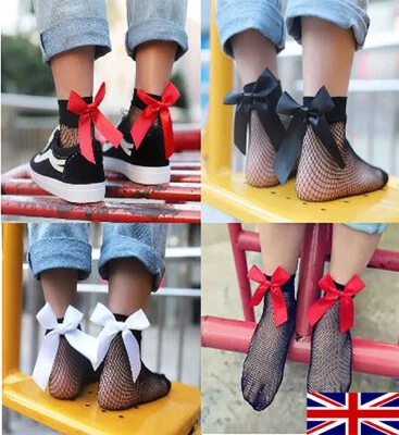Black Fishnet Ankle Socks With Red White Black Bow Hosiery Mesh Sexy Cute UK - Image 1 of 4