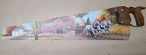 Hand Painted Signed Vtg Saw Art Fire Engine Station Horses Cindy Wellington 30" - Picture 1 of 8