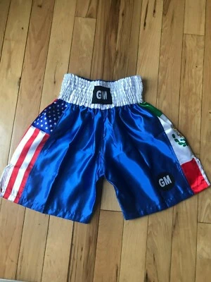 Pantalones cortos azules de boxeo con bandera de Estados Unidos/México, entrenamiento, fitness, MMA, artes marciales Foto 1 de 4