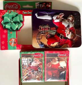 VINTAGE New: Coca-Cola SANTA TIN 2 Deck Set Playing Cards UNOPENED PACKS - Picture 1 of 9