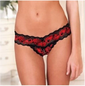 Nuevo Rene Rofe Sin Entrepierna Encaje V Tanga Panty Negro Rojo Lencería Sexy S/M M/L - Imagen 1 de 6
