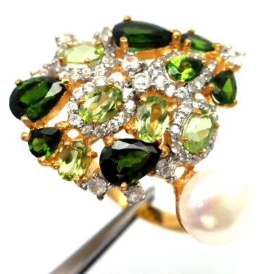 Gemstone White Pearl, Chrome Diopside, Peridot & Zircon Jewelry Ring 925 Silver - Image 1 of 4