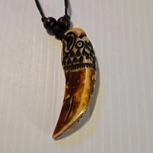 EAGLE HEAD ON TOOTH Pendant Charm Adjustable Rope Necklace (CARVED-B0NE-LOOK) - Picture 1 of 9