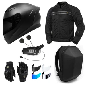 MOTORCYCLE SAFETY GEAR BUNDLE -- Helmet Bluetooth Intercom Jacket Glove Backpack - Picture 1 of 12