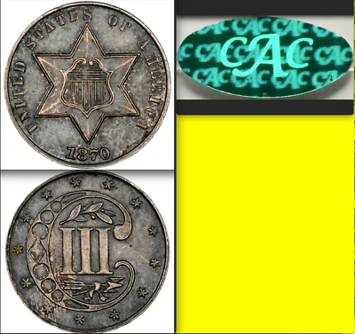 1870 NGC AU55 3,000 Minted- 2nd Lowest 3C Silver ✅ CAC Pop 3 🔴 RARE Bus Strike✅ - Image 1 of 4