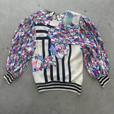 Vintage 1980s Diane Fres Funky Colorful Sweater Great Sleeves Multicolored Sz S - Imagem 1 de 4
