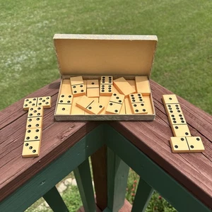 Vintage Full Set of 28 /Butterscotch Dominoes Bakelite w/ Original Box - Picture 1 of 15
