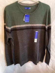 Leichter Herrenpullover Apt 9 grün/grau gestreift Merinomischung Rundhalsausschnitt, XL - Bild 1 von 6