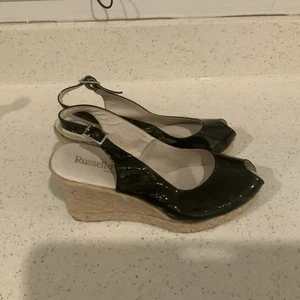 RUSSELL & BROMLEY Black Patent Peep Toe Slingback Espadrille Wedge uk4 eu 37 - Picture 1 of 7