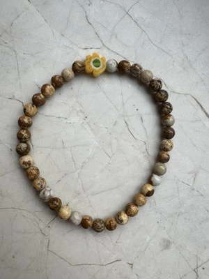 Armband Braun Perlen Stein Mit Perle Aus Glas Blume Gelb Grün Elastisch - Bild 1 von 3