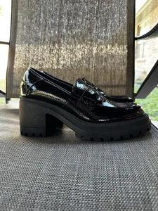 Seychelles Black Patent Faux Leather Chunky Lug Heel Penny Loafers Y2K 90’s 7.5 - Picture 1 of 6