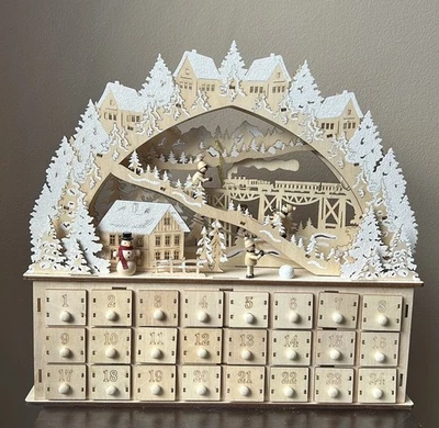 NEW Ridgefield Home Christmas Trees Advent Calendar House Wood Led Kids Skiing - Image 1 of 4