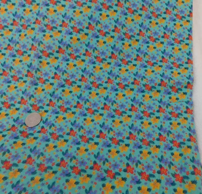 1 Yd Turquoise Floral Feedsack Print w/Yellow/Red/Blue Flowers for Quilts, Craft - Image 1 of 3